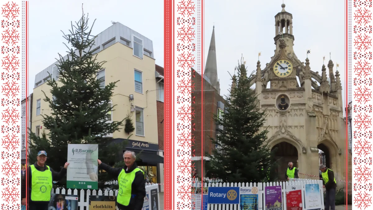 Rotary volunteers holding RJS Waste sign and Chichester’s Tree of Goodwill