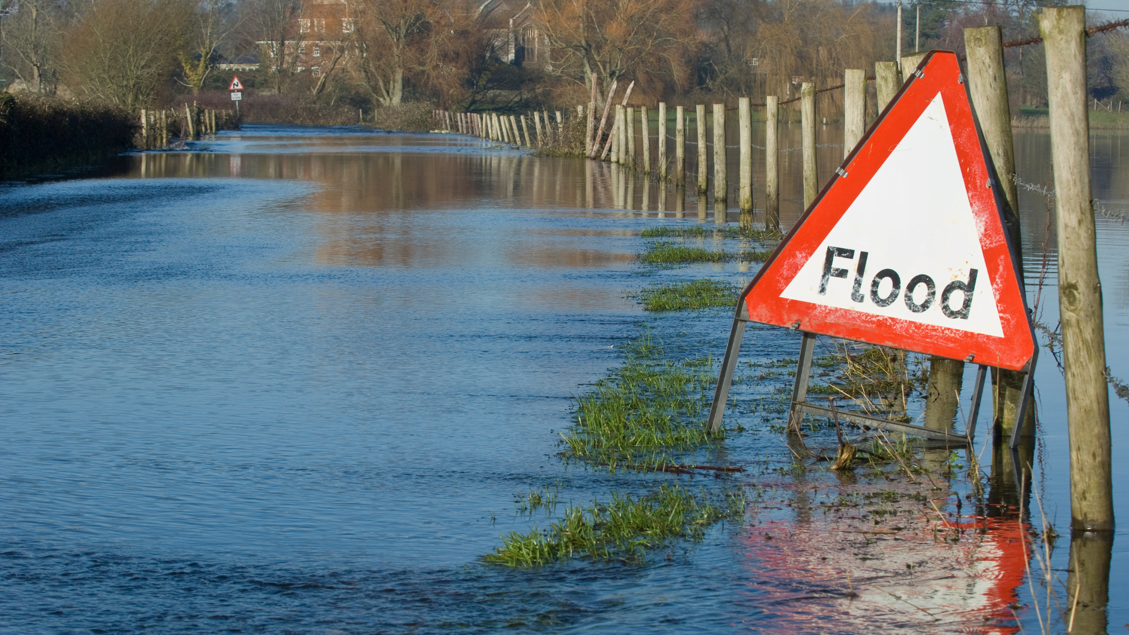 Flood awareness sign on flooded Hampshire road
