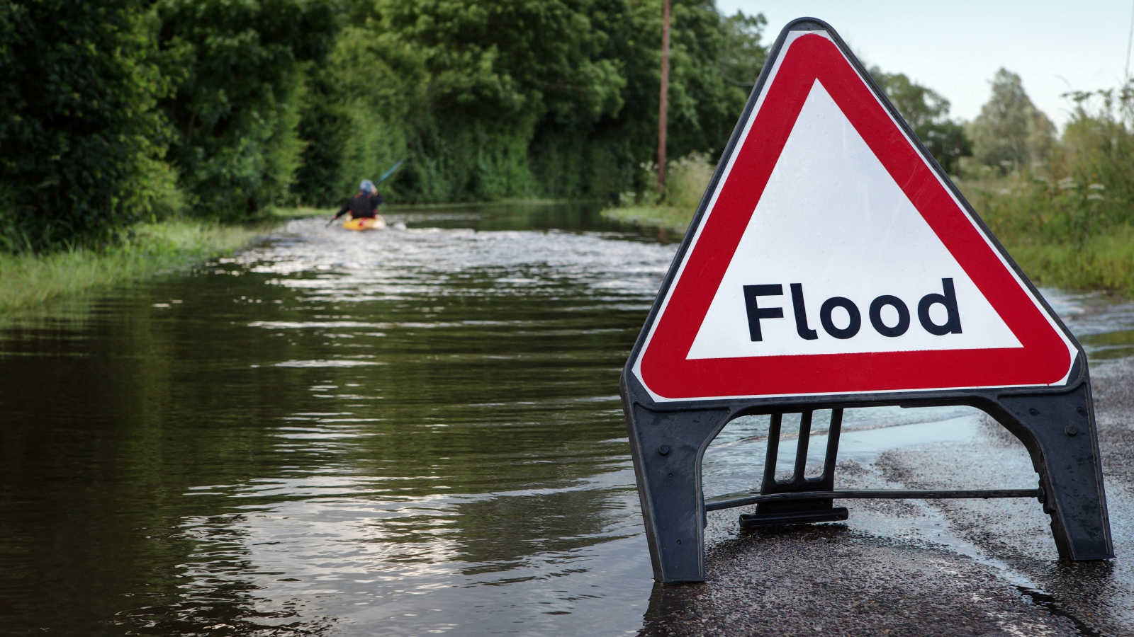 Flood sign in flooded road