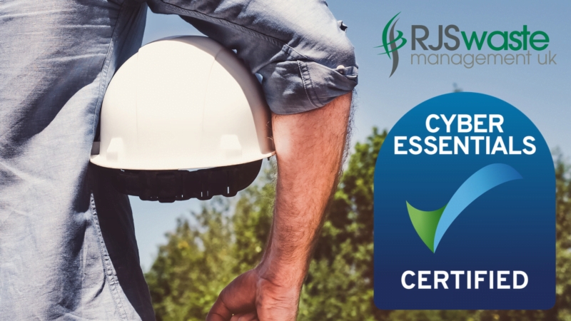 Cyber Essentials and RJS Waste Management logos next to a man holding a white hard hat