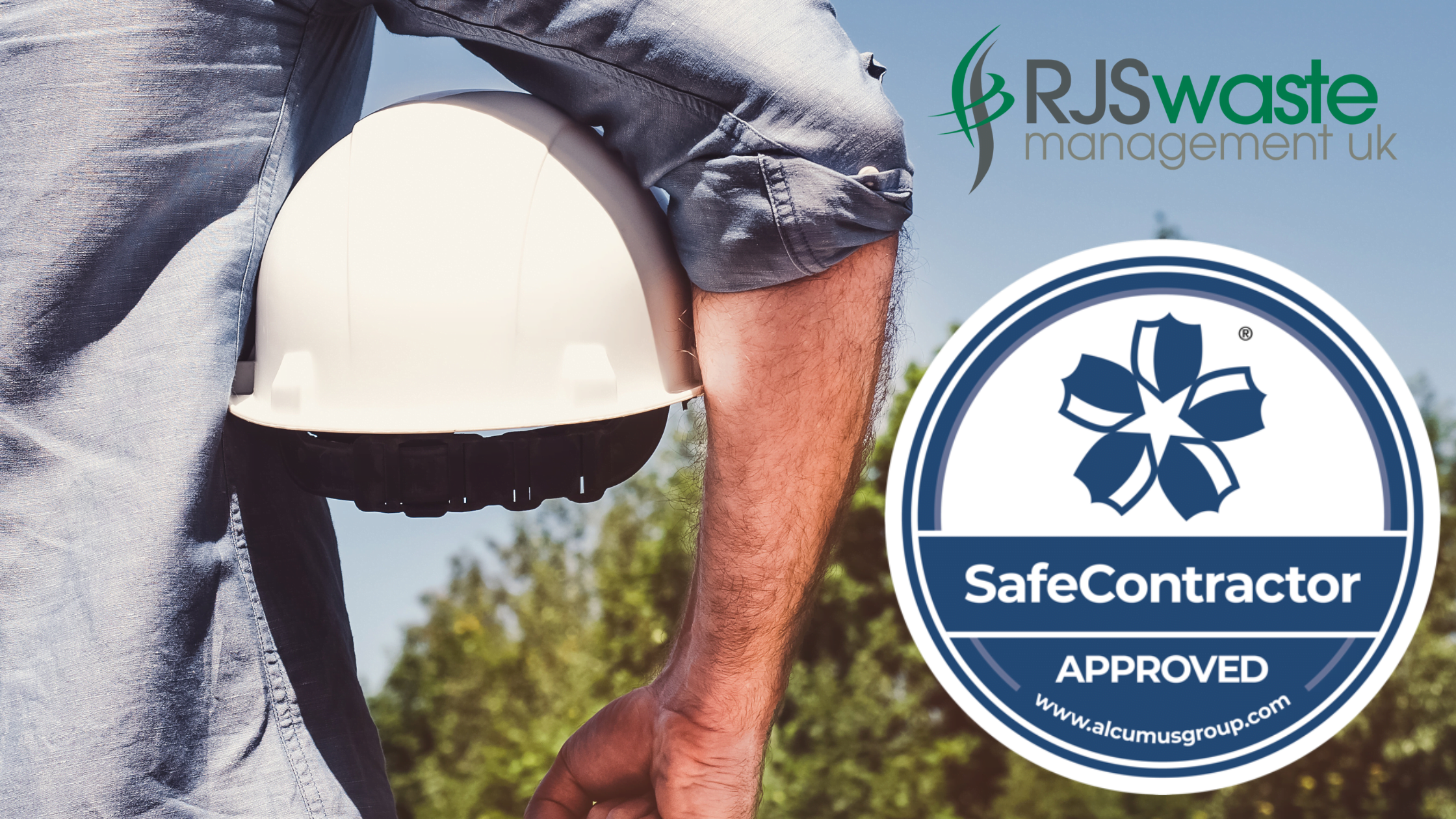 SafeContractor and RJS Waste Management logos next to a man holding a white hard hat