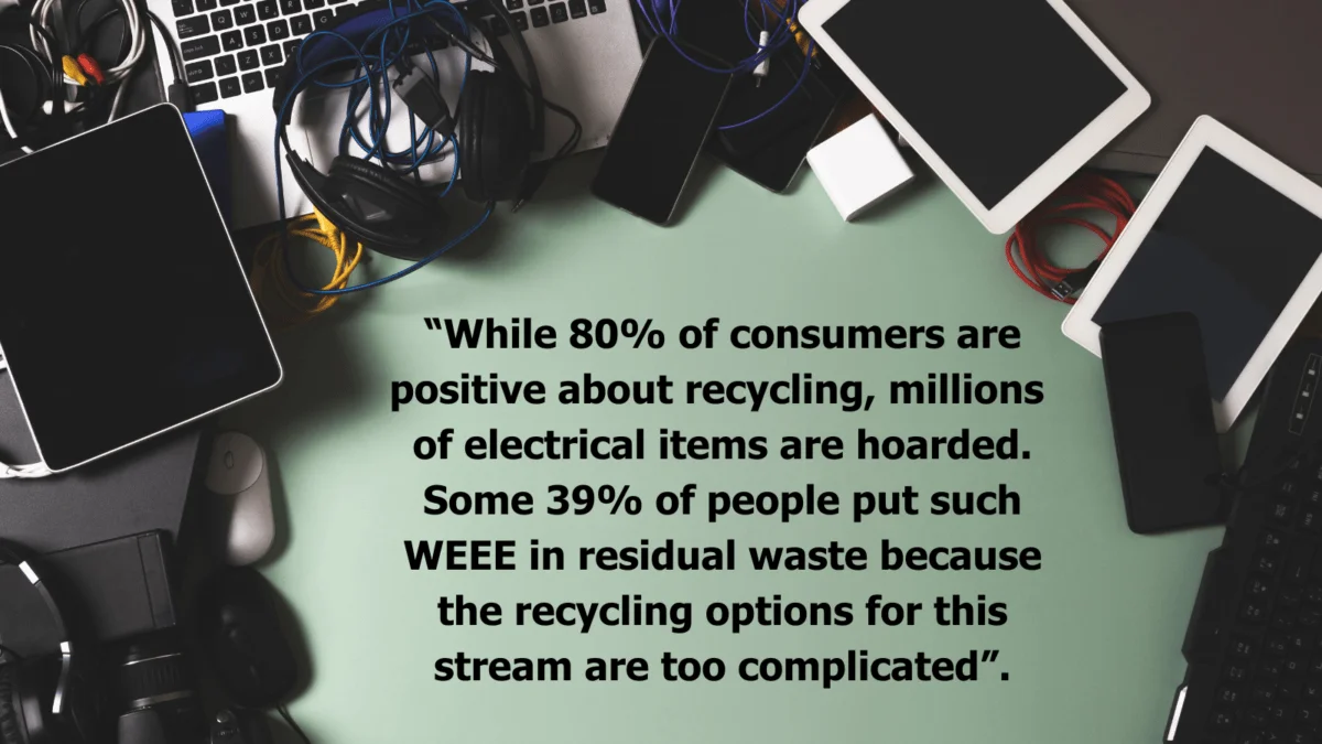 Quote about electrical items being hoarded rather than making it to WEEE recycling. Quote is surrounded by image of waste electrical items.