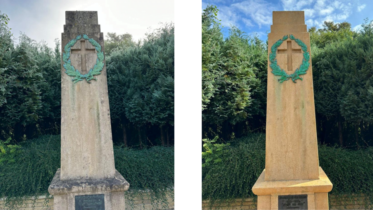 Before and after clean of Bladon War Memorial 1