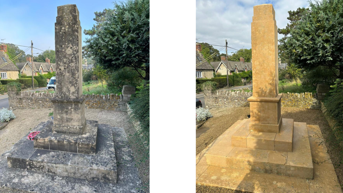 Before and after clean of Bladon War Memorial 3