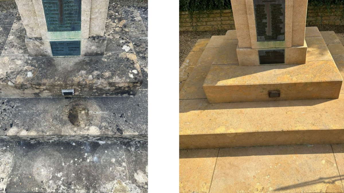 Before and after clean of Bladon War Memorial 2