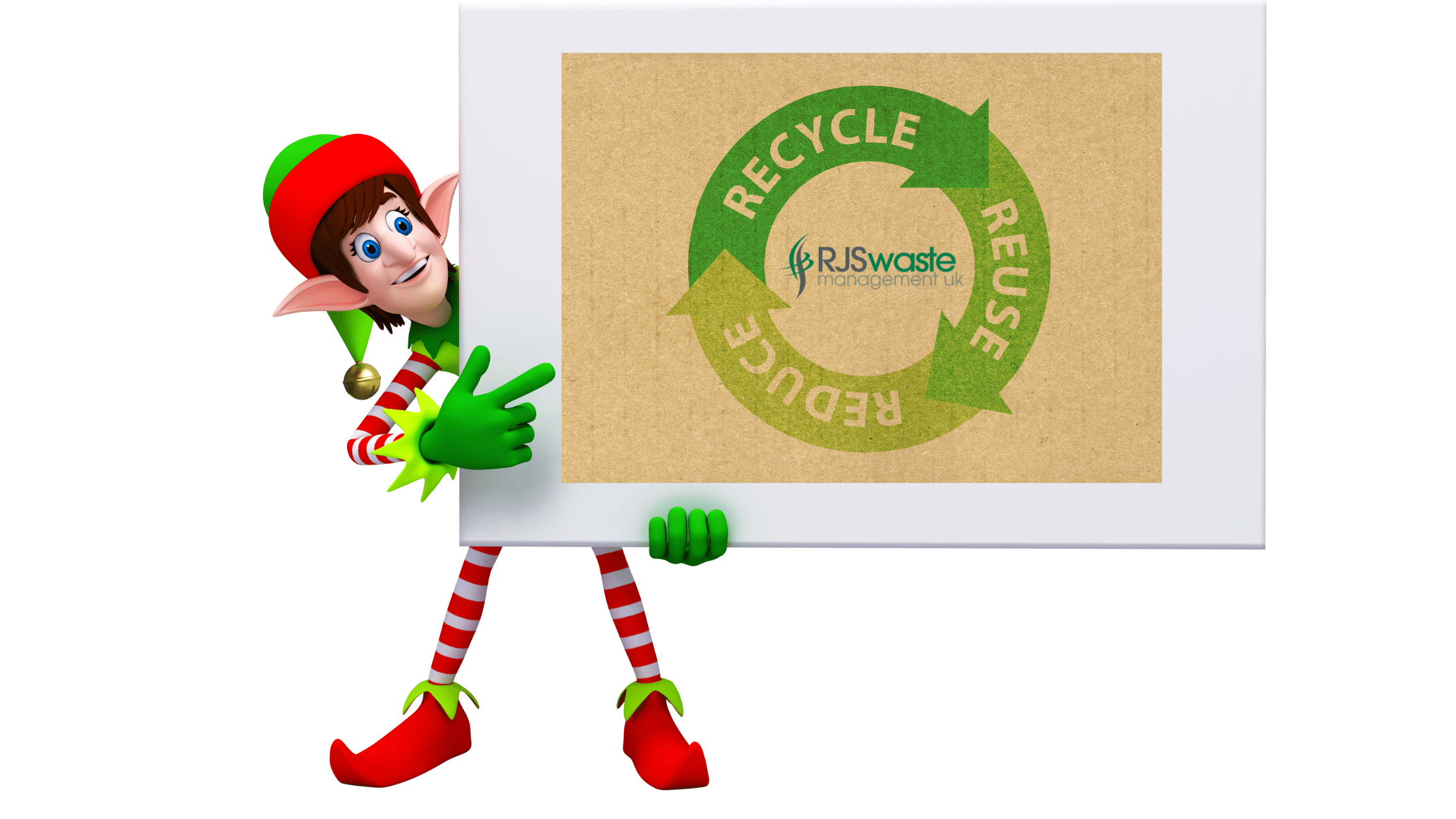 Christmas elf dressed in red and green, holding a business card that says the words Recycle, Reuse, Reduce and features the RJS Waste Management logo