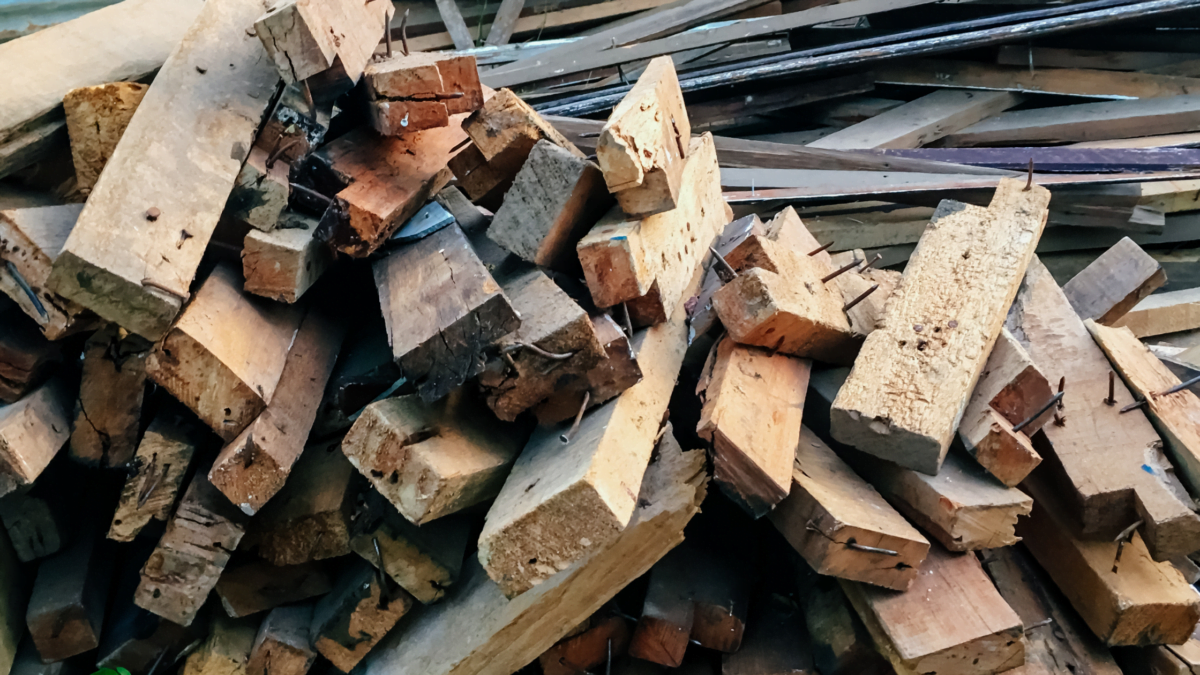 A pile of wood waste from a construction project that might be considered hazardous waste