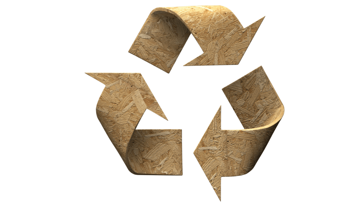 Three arrows recycling logo shown as wood