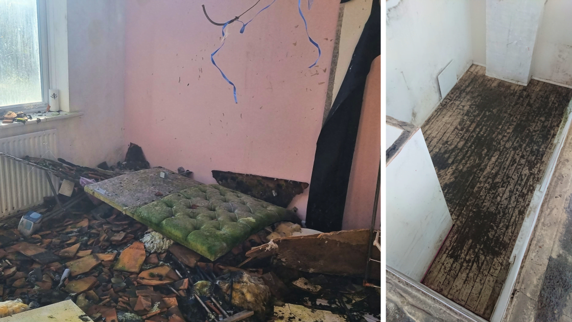 Fire damage and fallen roof materials in the bedroom of an Oxfordshire house before and after strip out works.