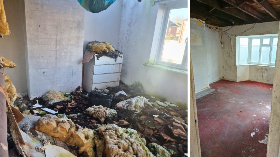 Fire damage to the reception area of an Oxfordshire home before and after soft strip demolition works.
