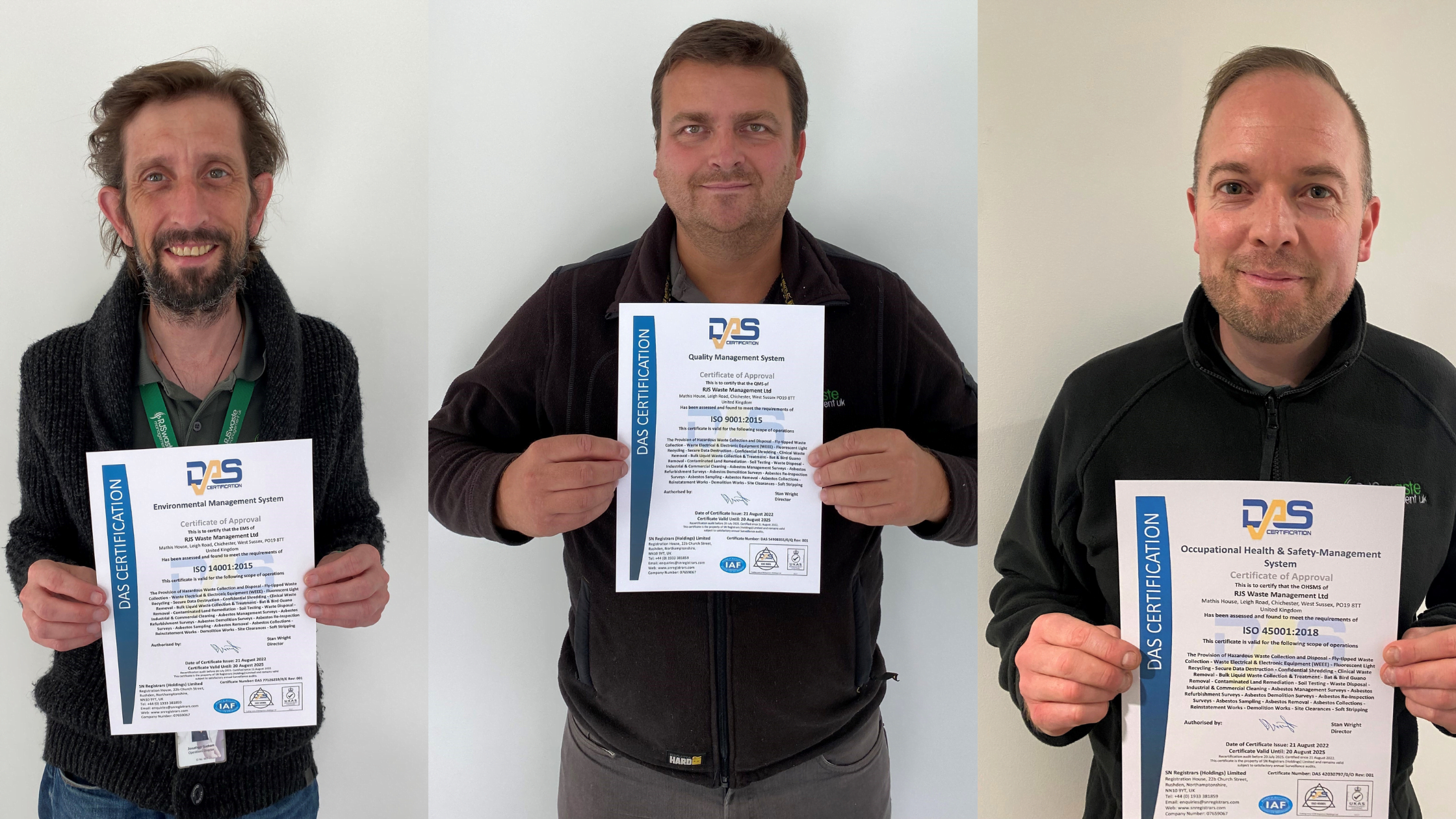 RJS Waste Management UK's three directors holding the company's ISO certificates