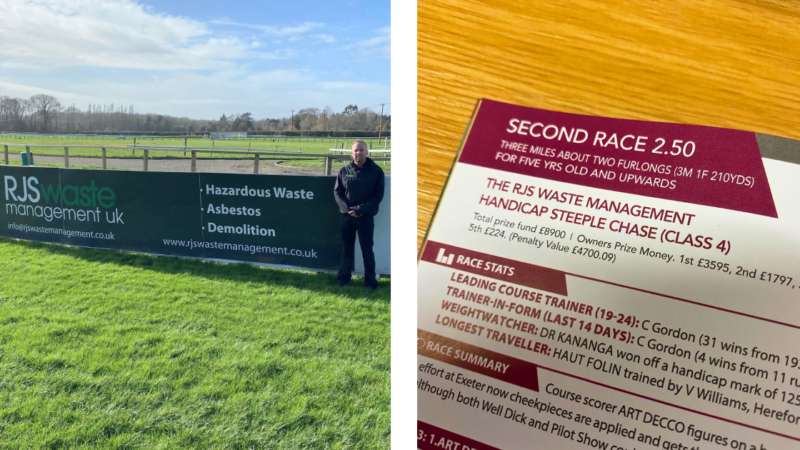 Left — Tony Wells standing next to RJS Waste banner at Fontwell Racecourse. Right — Race programme showing the RJS Waste Management Handicap Chase.